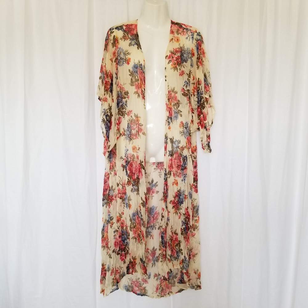 Cecico Womens Kimono Boho Gypsy Sheer Open Floral Long Coverup Top Crinkled L